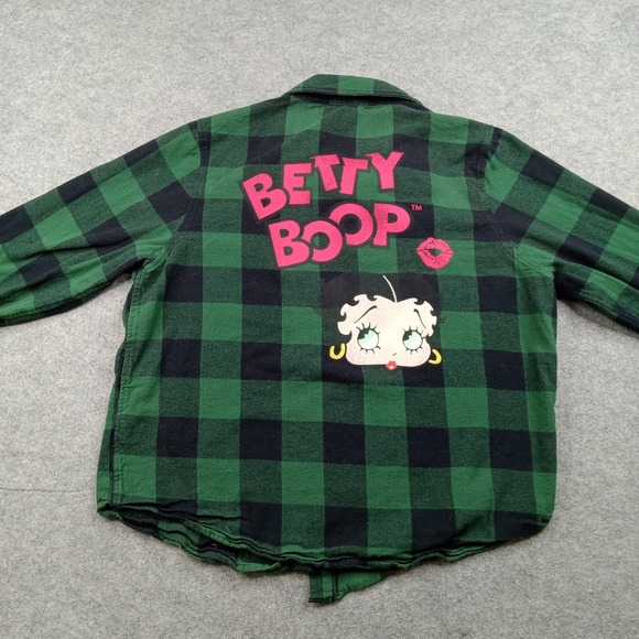 Betty Boop Tops - Betty Boop Shirt Womens Medium Green Plaid Flannel Button Front Graphic Top